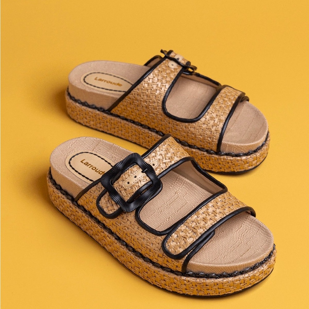 Larroude Tan and Black Woven Sandals
